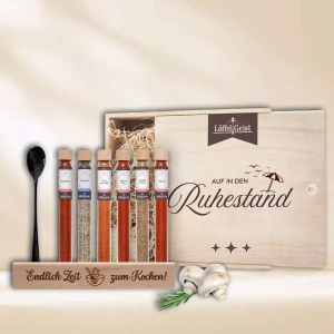 Gewürz-Geschenkset Auf in den Ruhestand in edler Holzbox